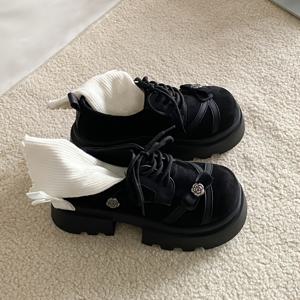 TEMU 프레피 스타일 여성 플랫폼 슈즈, 플란넬 레이스업 스니커즈 (꽃 버클), 청키 솔, 여성 신발