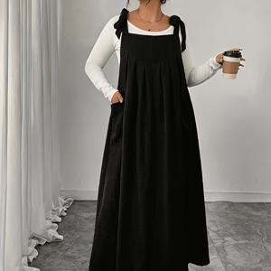 TEMU 플러스 사이즈 - 플러스 사이즈 - 신상 플러스 사이즈 여성용 더블 포켓 멜빵 원피스 미디 기장 원피스 1