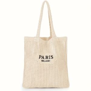 TEMU 여성 니트 토트백 - 파리 레터 오픈 숄더백, 통기성 좋은 해변 & 여행 가방, 손세탁 가능한 원단, 캐주얼 쇼핑 액세서리, 내구성 좋은 우븐 디자인, 패션 애호가를 위한 특별한 제품