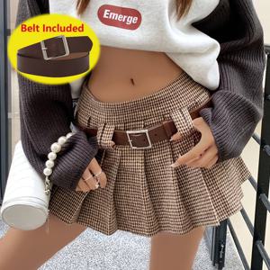 TEMU ZJ0926038 봄 여성 레트로 하운드투스 패턴 하이웨스트 A라인 플리츠 스커트, 브라운 벨트 포함, 캐주얼 드레스 숏 스커트, 핫 록 스커트