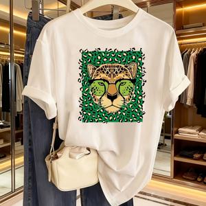 TEMU 프린트 라운드넥 캐주얼 반팔 티셔츠 | 녹색 안경이 달린 헤드 프린트, 올 시즌, 여성 탑