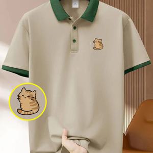 TEMU H2602 레귤러 스타일, 고급 남성용 셔츠, 만화 고양이 프린트, 패브릭 소재, 레귤러 핏, 칼라 탑, 여름용 반팔 티셔츠, 생일 선물, 레이어링 또는 단독 착용 가능, 아웃도어 캐주얼웨어, 스포츠 의류