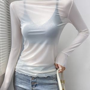 TEMU 여성용 우아한 메쉬 하이넥 긴팔 터틀넥 탑, 다재다능한 스타일, 신축성 좋고 편안한 착용감, 캐주얼하고 포근함, 올 시즌 착용 가능, 레저 외출에 적합