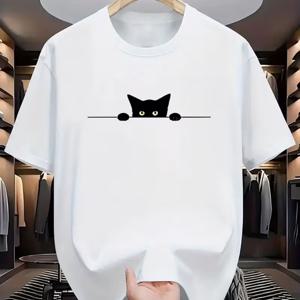 TEMU 귀여운 고양이 패턴 – 블랙, 크루넥, 반팔, 캐주얼 여름 의류, 세탁기 사용 가능, 데일리 필수품, 여행용 의류, 재미있는 디자인 셔츠, 통기성 원단