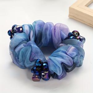 TEMU 우아한 수제 비즈 더블 레이어 헤어 타이 - 여성용 메쉬 플로랄 스크런치, 컬러풀 포니테일 홀더