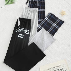 TEMU 여성용 슬립팬츠 2024 신상 가을 그레이 블랙 체크 롱팬츠 세트 봄 여름 가을 레터링 프린트 얇은 심플 캐주얼 귀여운 리본 레그 팬츠 루즈핏 편안한 여름 홈웨어 사계절 다용도 여성 패션 여름 의류