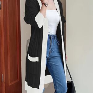 TEMU 대조적인 트림 오픈 프런트 카디건, 다재다능한 롱슬리브 포켓 카디건, 겨울 및 가을용 여성 의류