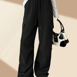 TEMU 솔리드 컬러 플랩 포켓 바지, 캐주얼하고 다재다능한 하이웨이스트 드로스트링 허리 데일리 팬츠, 올 시즌 착용 가능, 세탁기 사용 가능