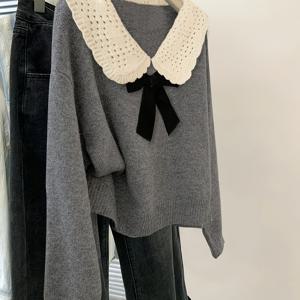 TEMU 프렌치 우아한 성격 스웨터 탑 빈티지 대비 라펠 리본 장식 풀오버 여성 가을 겨울 신상 프레피 스타일 패션 젊은 기운 라운드넥 탑 (탑만 해당)