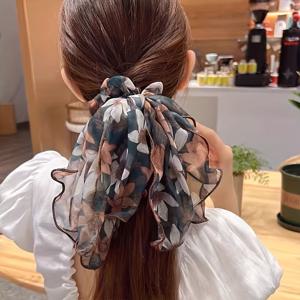 TEMU 여성용 다목적 리본 헤어 타이와 대형 탄력 밴드가 있는 시폰 오각 꽃 포니테일 홀더