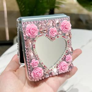 TEMU 휴대폰 케이스 - 고급스러운 핑크 플로럴 하트 거울 접이식 폰 케이스, 삼성 갤럭시 Z 플립 3, 4, 5, 6, 7 호환