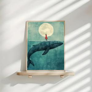 TEMU 2D 평면, 액자 미포함 블루 페어리 달빛 캔버스 프린트 1개 - 혹등고래 위 소녀가 그려진 독특한 수채화 벽 예술, 녹색 배경, 침실, 거실, 기숙사 또는 바를 위한 실내/실외 장식, 기숙사 장식 | 창의적인 벽
