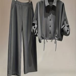 TEMU 여성용 우아한 버튼 프론트 블라우스 & 와이드 레그 팬츠 세트 2피스 - 솔리드 컬러 사계절 전문 복장, 세탁기 사용 가능, 출퇴근 또는 세미 포멀 이벤트용 - 2피스 라인 세트