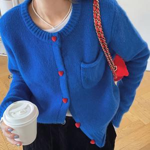 TEMU 우아한 블루 가디건 | 패셔너블한 한국 스타일, 캐주얼 및 레저에 다용도, 단색, 올 시즌