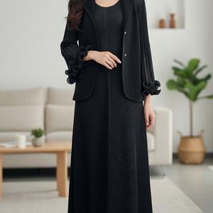 TEMU 플러스 사이즈 - 플러스 사이즈 - 캐주얼, 우아하고 패셔너블한 성격, 페이크 투피스 슈트 칼라, 2025년 가을 여성용 신상 플리츠 원피스, 미디 길이, 허리, 롱 드레스