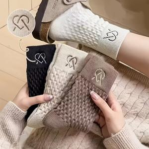 TEMU 여성용 따뜻한 겨울 양말 5켤레 - 미드 카프 골지 디자인, 멜랑쥬 엠보싱 일본 스타일 케이블 양말, 다용도하고 포근함