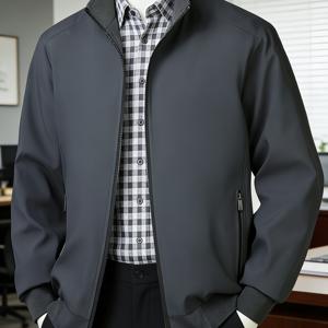 TEMU 중년 남성용 스탠드 칼라 재킷, 봄/가을에 적합한 가벼운 방풍 코트, 솔리드 컬러 상의 디자인, 스탠드 칼라, 골지 커프스 및 밑단, 체크 무늬 안감, 포켓 포함