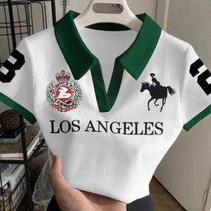 TEMU 흰색과 녹색 컬러 블록의 로스앤젤레스 배지 프린트가 있는 빈티지 Y 스타일 슬림핏 라펠 반팔 셔츠