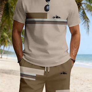 TEMU 남성용 캐주얼 루즈핏 통기성 비치웨어 반팔 티셔츠와 반바지 투피스 세트, 패셔너블 마운틴 패턴과 패치워크 디자인 여름 휴가 라운지웨어, 다양한 컬러 옵션, 이상적인 선물 선택