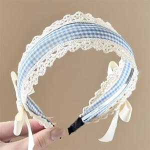 TEMU 블루 앤 화이트 체크무늬 레이스 리본 헤어밴드, 빈티지 롤리타 스타일 챙이 넓은 헤어밴드, 높은 크라운 미끄럼 방지 헤어 액세서리, 스위트 소녀스러운 헤드피스 (/체크무늬 패턴 랜덤)