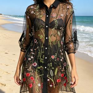 TEMU 우아한 자수가 있는 스타일 블랙 메쉬 튜닉 롱 코트, 중년 여성에게 적합, 수영장 대기열 및 해변 휴가 필수 아이템