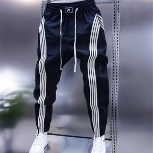 TEMU 2025 유럽 및 미국 하이스트리트 빈티지 커프스 남성용 캐주얼 팬츠, Ins 스타일 스트리트웨어 브랜드 활용도 높은 슬림핏 애슬레틱 스키니 팬츠, 미국 힙합 스트리트댄스 속건성 통기성 낫다리 팬츠, 크로스보더