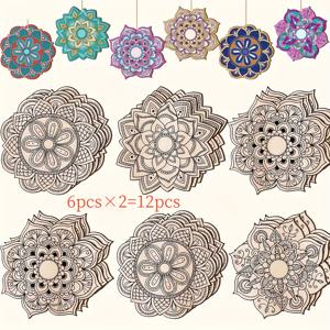 TEMU 1 세트 12개 미완성 만다라 나무 공예 키트, 고품질 재료, 선명한 라인, 쉬운 채색, 전원 없이 다기능 걸이 및 장식 제작
