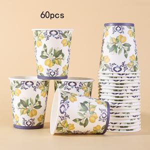 TEMU 20개/40개/60개입, 카프리 레몬 일회용 종이컵, 9온스 블루 앤 화이트 도자기 레몬 꽃무늬 종이컵, 웨딩 기념 행사, 캠핑, 피크닉, 파티오 BBQ 파티 식기, 파티 장식 용품용 여름 핫 앤 콜드 컵