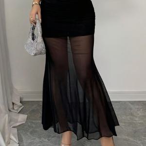 TEMU 여성용 우아한 메쉬 패치워크 피쉬테일 스커트 롱 드레스, 하프 스커트