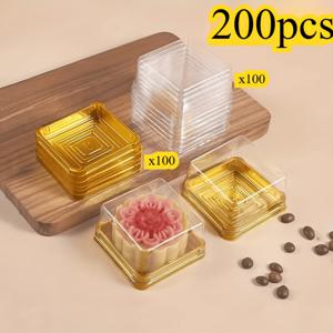 TEMU 200개 사각형 PP 케이크 상자 세트(뚜껑 포함, 케이스 100개 + 뚜껑 100개) - 월병, 초콜릿, 결혼식/생일 디저트 진열용 재사용 가능한 베이킹 용기 | 투명 페이스트리 보관함