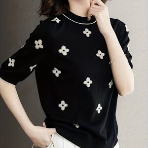 TEMU 니트 플로럴 라운드 넥 루즈 반팔