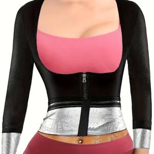 TEMU 여성용 발한유도 긴팔, 여성용 사우나복, 피트니스 트레이닝웨어, 여성용 보디슈aping 수분 흡수 타이트핏 의류, 여성용 발한유도 허리 슬림핏 지퍼 긴팔