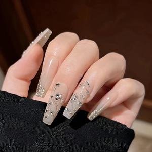 TEMU 인터넷 유명인 웨어러블 네일 팁, 부드러운 상속녀 순수한 욕망 스타일, 고급 화이트닝 롱 트리 바인 플라워 네일 팁, 완성된 제품 인조 네일 스티커