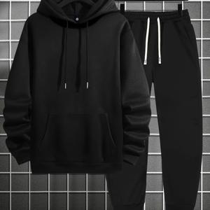 TEMU 남성용 캐주얼 후드티 & 스웨트팬츠 세트 - 단색, 캥거루 포켓이 있는 긴팔, 가을/겨울용 조거 팬츠