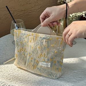 TEMU 1개 - 식물 자수 메이크업 가방 휴대용 캔버스 보관 가방 립스틱 워시 가방