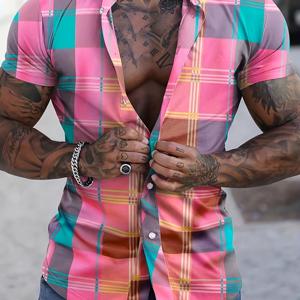 TEMU 남성용 봄 여름 가을 체크 캐주얼 편안한 반팔 레귤러핏 셔츠, 휴가 및 캐주얼 외출용, 100% 폴리에스터, 세탁기 사용 가능, 드라이클리닝 불가. CY204