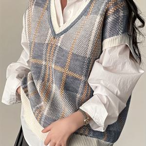 TEMU 가을/겨울 여성용 빈티지 체크 V넥 스웨터 조끼