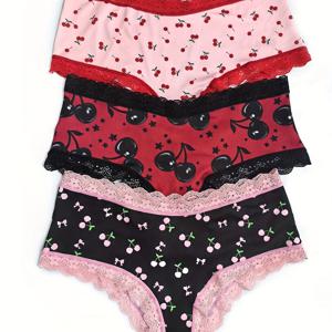 TEMU 체리 시리즈 컬러풀 레이스 대비 프린트 여성용 삼각 팬티 3팩