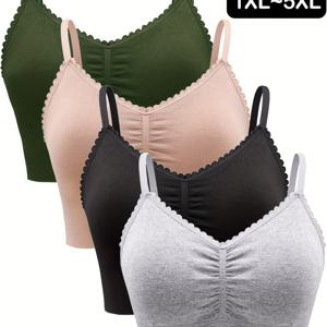 TEMU 4팩 여성용 플러스 사이즈 무선 브라 - 풀 커버리지 부드럽고 통기성 좋은 와이어프리 S 브라, 수면 및 일상 착용에 적합 - 탈착식 패딩 & 레이스 트림, 언더와이어 없는 편안한 브라 (4개입)