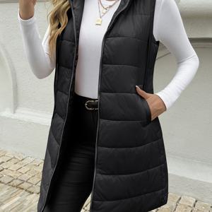 TEMU 여성용 우아한 후드 베스트 - 조절 가능한 드로스트링 후드, 중간 길이 퍼퍼 재킷, 기계 세탁 가능 솔리드 컬러 다목적 아우터웨어, 캐주얼 & 포멀 룩, 슬림 디자인, 내구성 있는 소재, 오피스 웨어