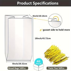 TEMU 가정에서 만든 빵 포장용 대형 비닐 봉투 40개입, 크기 8X4X18인치, 묶음 끈과 프린트 디자인 포함
