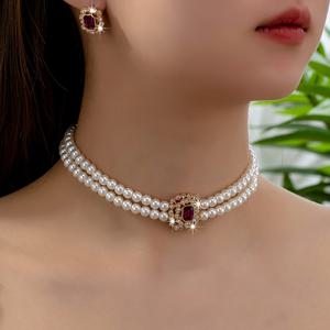 TEMU 유럽 및 미국 패션 주얼리 1세트, 이중 레이어 우아한 기하학 여성용 스터드 귀걸이와 목걸이 세트