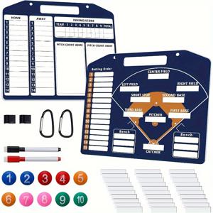 TEMU 2024 최신 블루 야구 코치 클립보드: 드라이 이레이즈 기능이 있는 야외 소프트볼 라인업 보드, 강력한 클립, 30개의 라인업 카드, 2개의 마커, 10개의 선수 번호