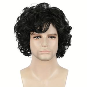 TEMU 남성용 패셔너블하고 스타일리시한 푹신한 짧은 곱슬 다크 브라운 10인치 합성섬유 가발, 옆머리가 있는 스타일, 일상복 및 할로윈 코스튬 파티용