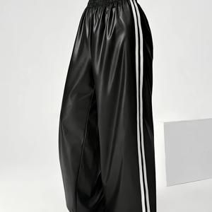 TEMU 여성 사이드 PU 캐주얼 운동 긴 바지, 신학기 의상, 여성 바지