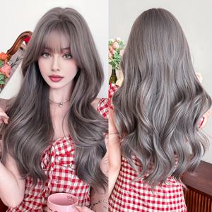 TEMU 여성 및 여아를 위한 루즈하고 물결 모양의 안개 회색 컬러의 합성 가발. 일상적인 파티에 적합합니다. 할로윈 코스튬을 위한 고밀도 레이어형 내열 가발, 28인치