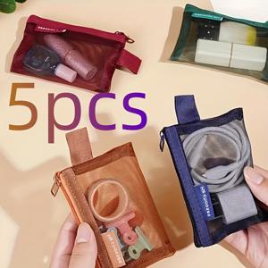 TEMU 빈티지 색상 나일론 사각 메시 수납 가방 5개 세트, 트렌디한 수납 파우치, 지퍼 코인 지갑