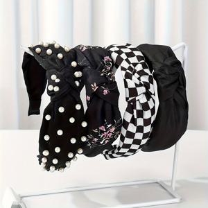 TEMU 성인용 머리띠 성인용 패브릭 매듭 솔리드 체크 물방울 플로럴 매듭 머리띠 4개입