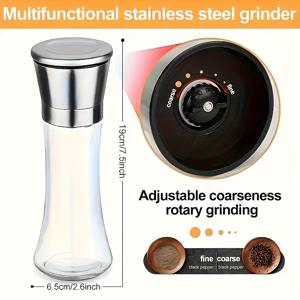 TEMU 후추 및 바다 소금 그라인더 - 조절 가능한 거칠기, 세라믹 블레이드, 스테인리스 스틸 뚜껑, 고급 유리 본체로 리필 가능 - 주방과 식사 공간에 완벽한 선택