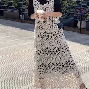 TEMU 솔리드 컬러 할로우 아웃 멜빵 원피스 커버업